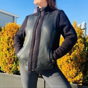Brandini Le Collezioni IT Genuine Leather Wool Knit Zipup Sweater Black Jacket S
